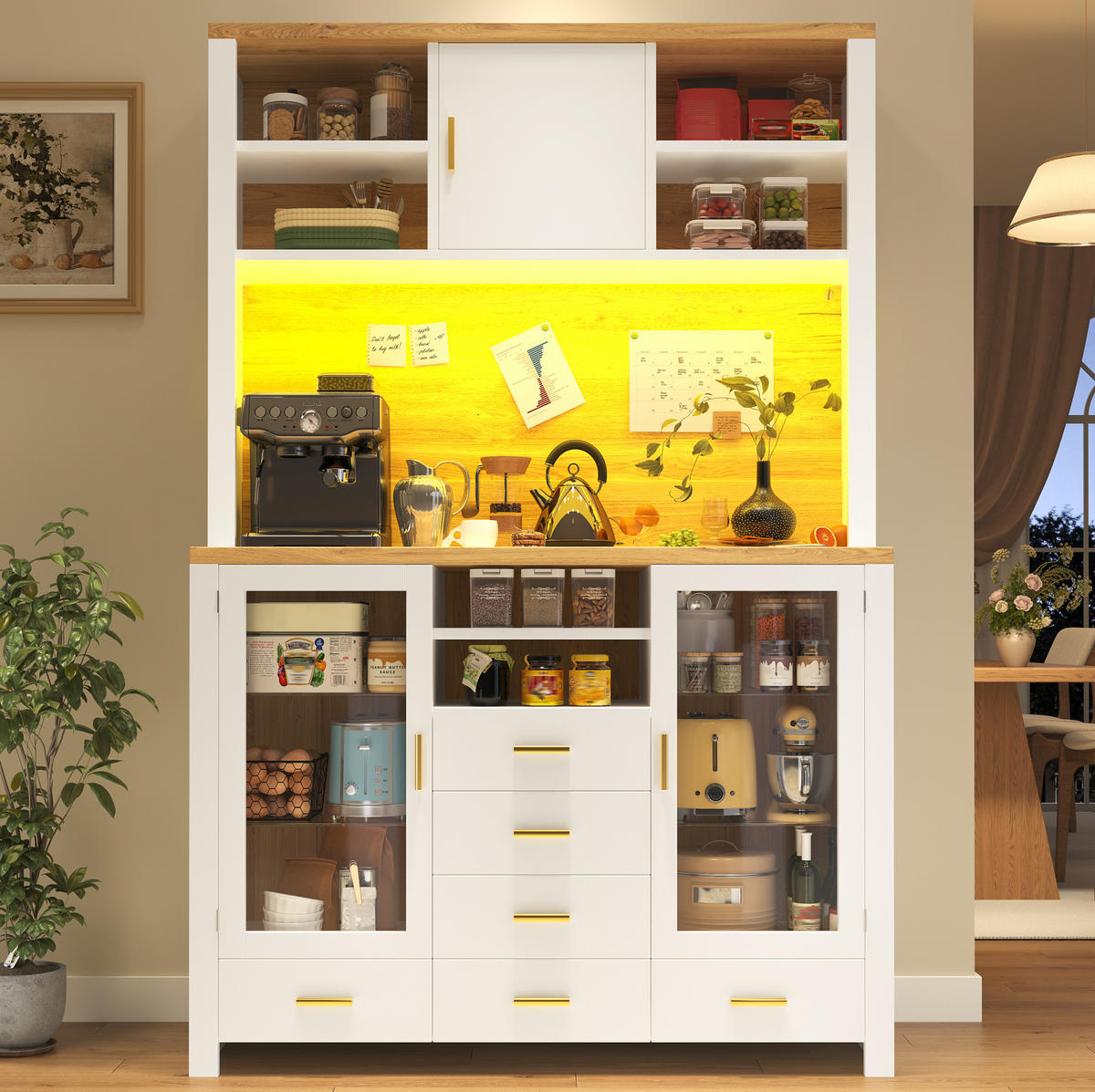BUFFET 120/40/188 cm aus MDF und Glas mit LED-Lichtleiste Weiß mit Holzdekor - Weiß, Holzwerkstoff (120/188/40cm) - Modenvie