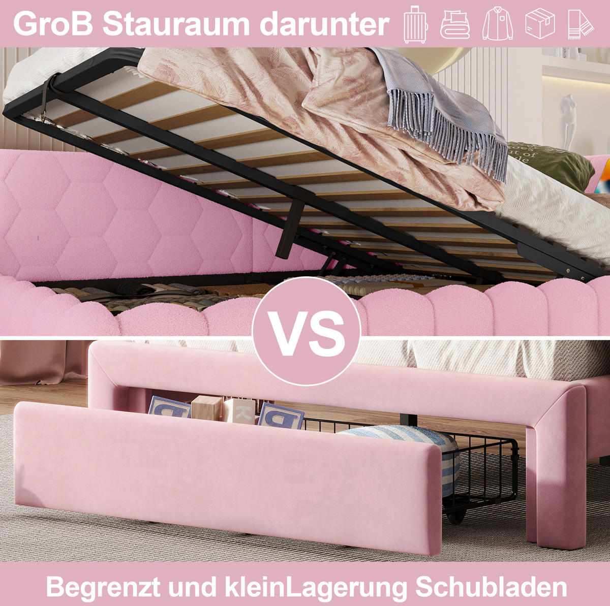 TAGESBETT 140/200 cm mit LED-Lichtleiste, USB, Typ-C und hydraulischem Bettkasten, Vliesimitat, Rosa - Rosa, Textil (140/200cm) - Redom