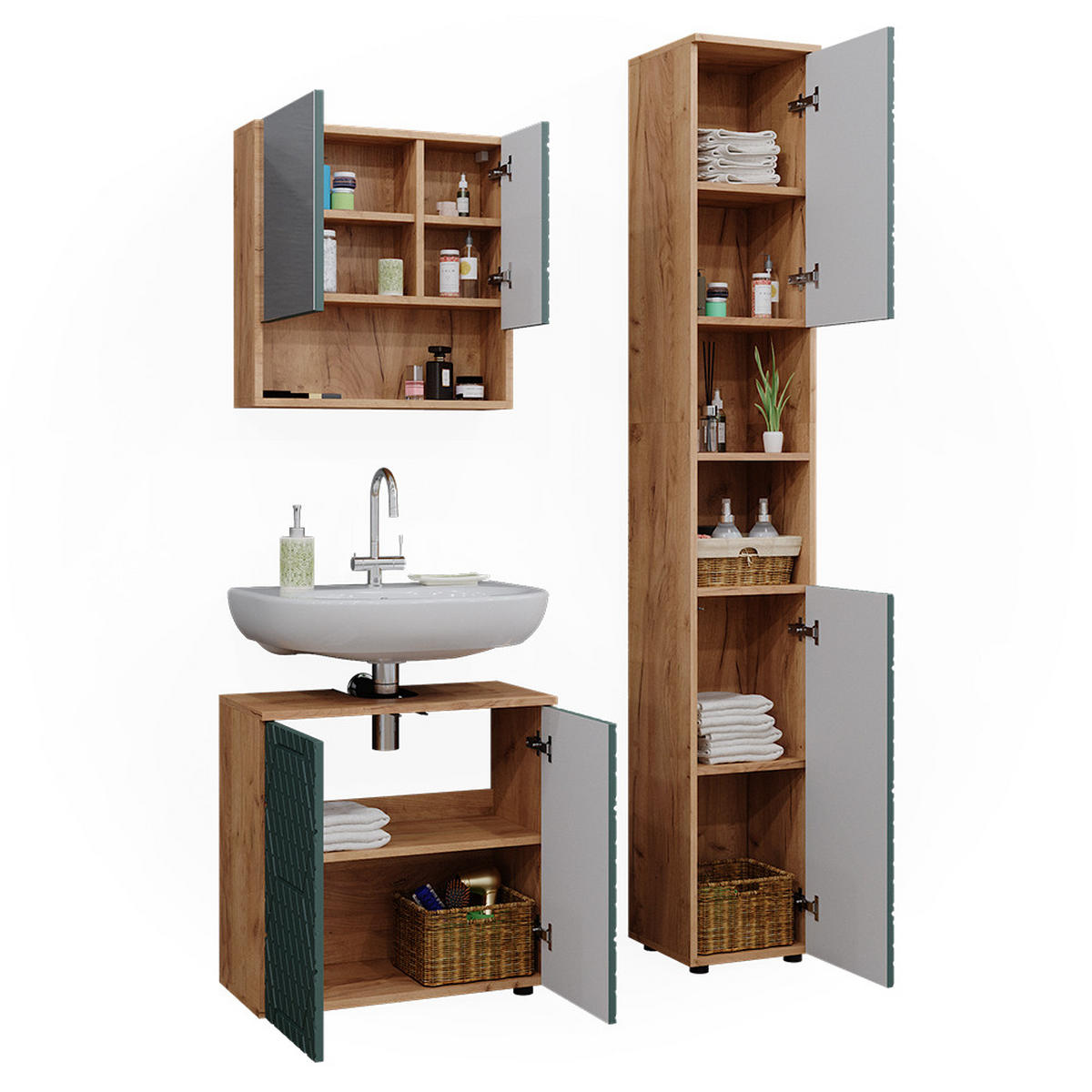 BADMÖBEL-SET Irma Grün 3 Teile, mit Hochschrank - Eiche Wotan/Grün, Holzwerkstoff (80/58.6/41cm) - Vicco