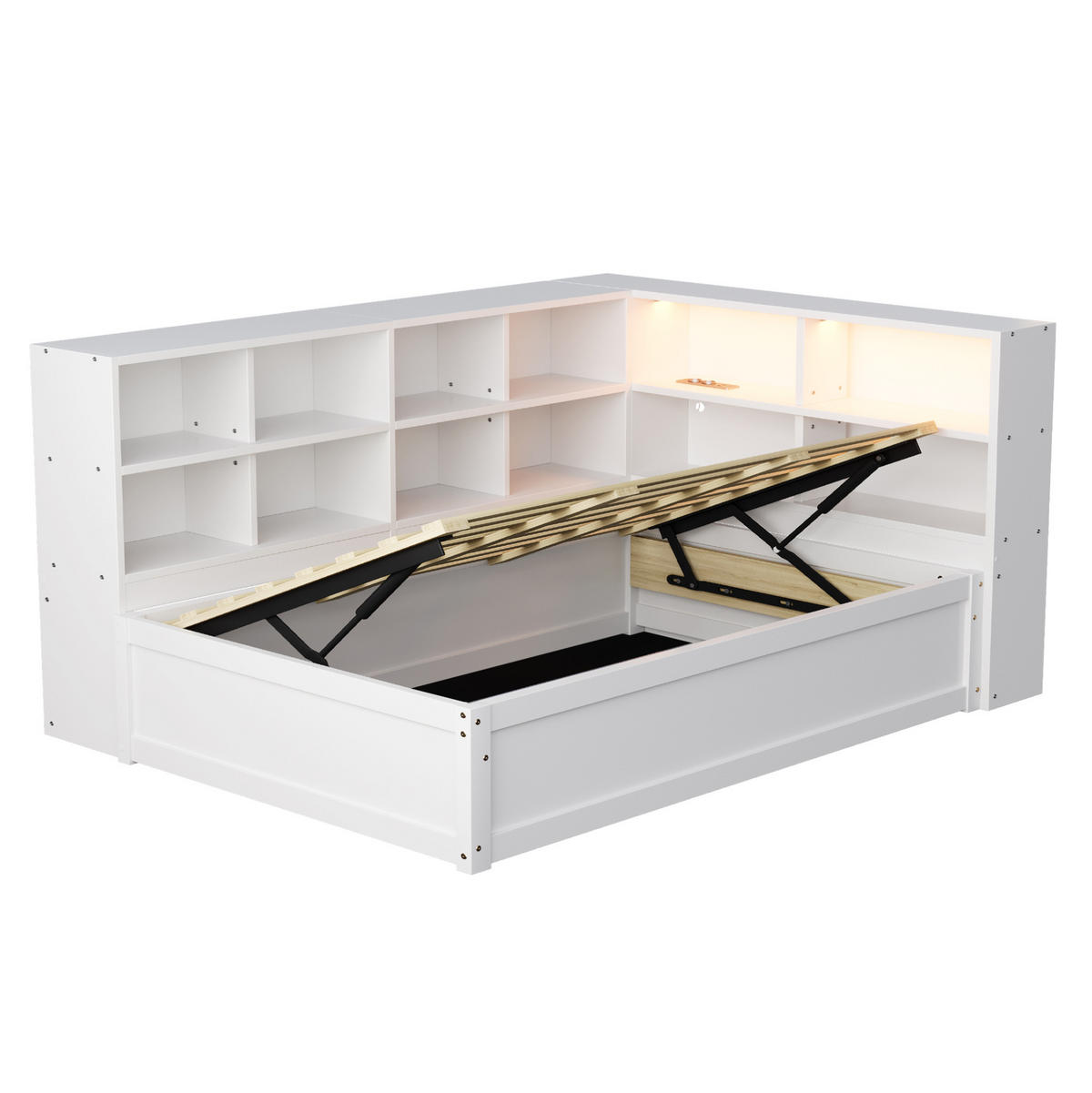 KREVET 90/200 cm s multifunkcijskom utičnicom, LED svjetlosnom trakom i više spremišnih pretinaca, Bijela - bijela, drvni materijal (220.5/82/114.5cm) - Redom