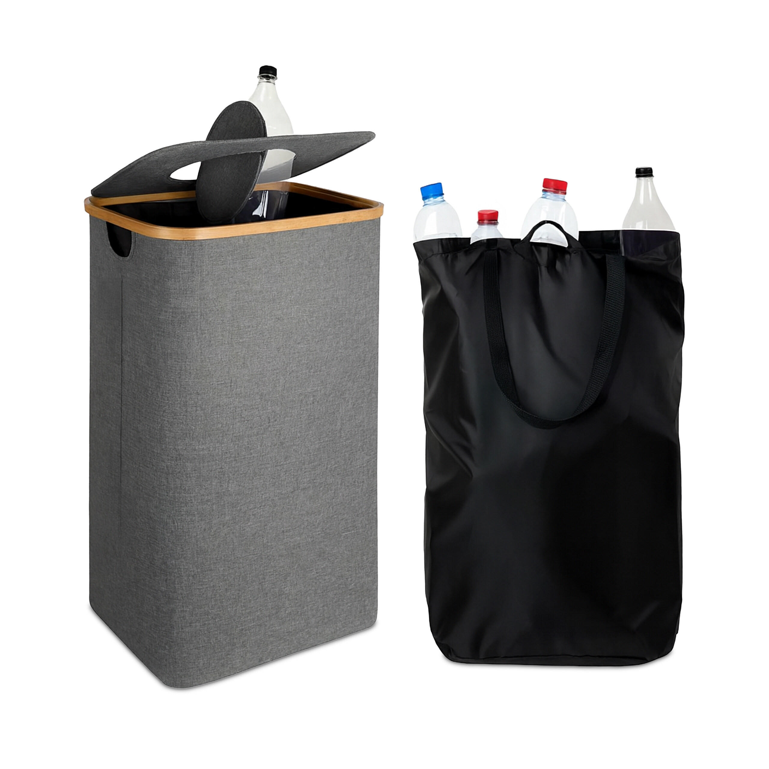 PFANDFLASCHEN-SAMMELBEHÄLTER - Grau, Holz/Textil (42/70/34cm) - Relaxdays