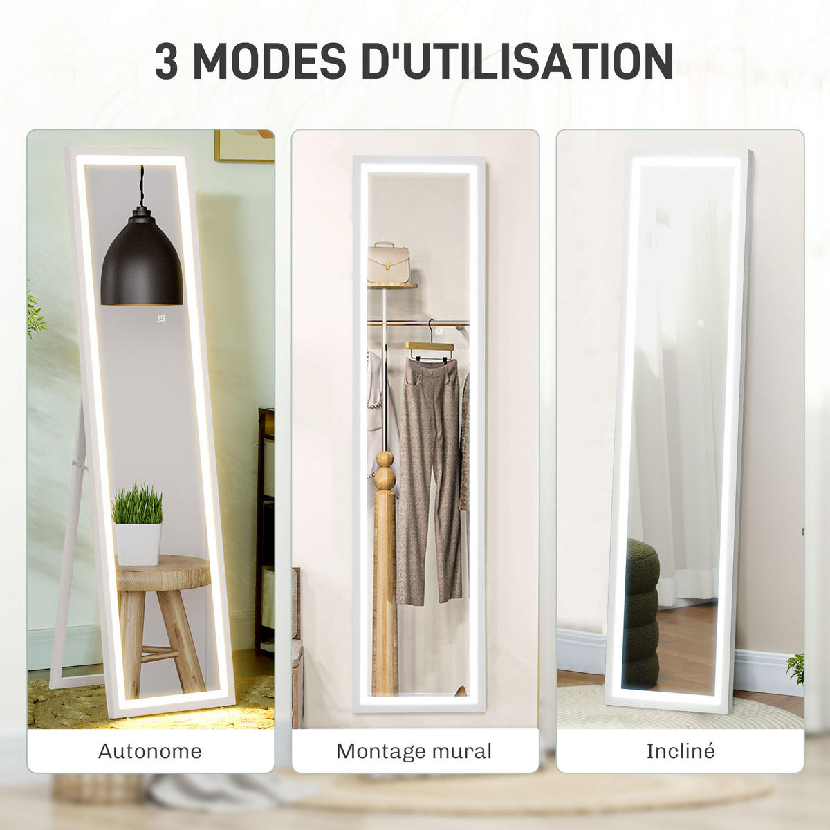 STANDSPIEGEL LED DE-17937 40x160 cm mit 3 Farben & Touchsensor Weiß - Weiß, Glas (40/160/5cm) - ComfortXL
