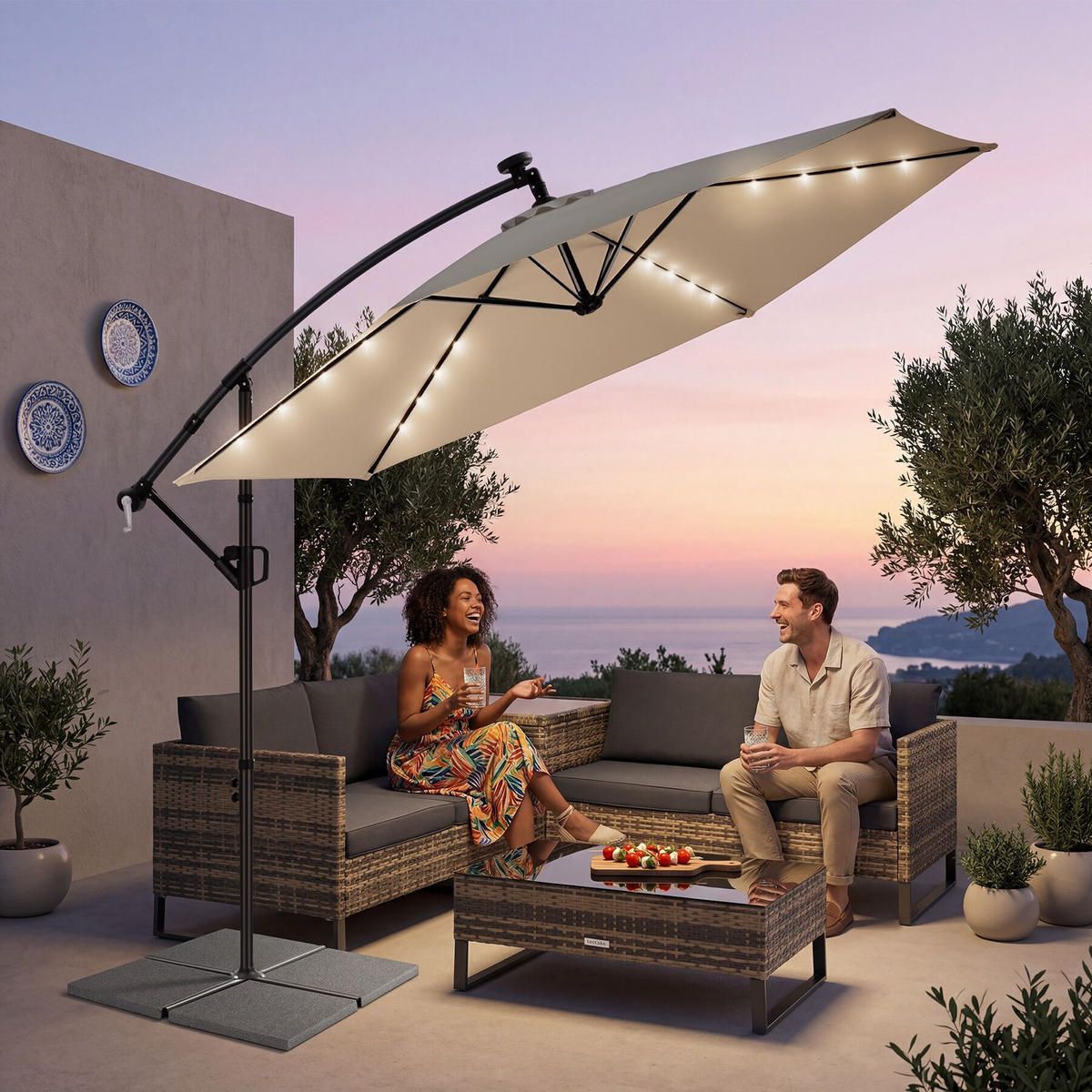 AMPELSCHIRM Artemis, mit LED Solar-Beleuchtung, inkl. Schutzhülle, beige - Beige, Metall (300/300cm) - tectake