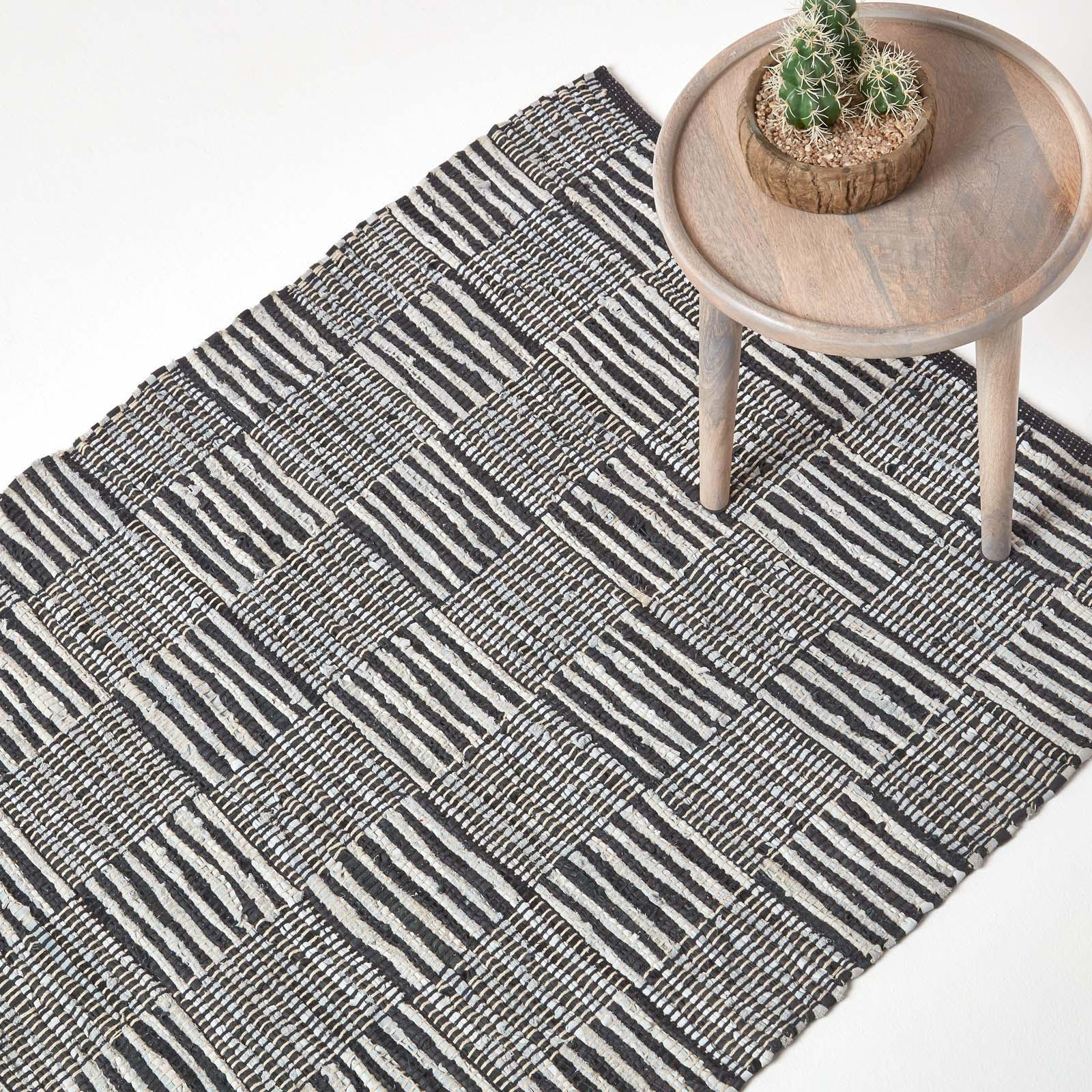 LEDERTEPPICH geometrisch mit Webmuster 120/180 cm - Schwarz, Leder (120/180cm) - Homescapes