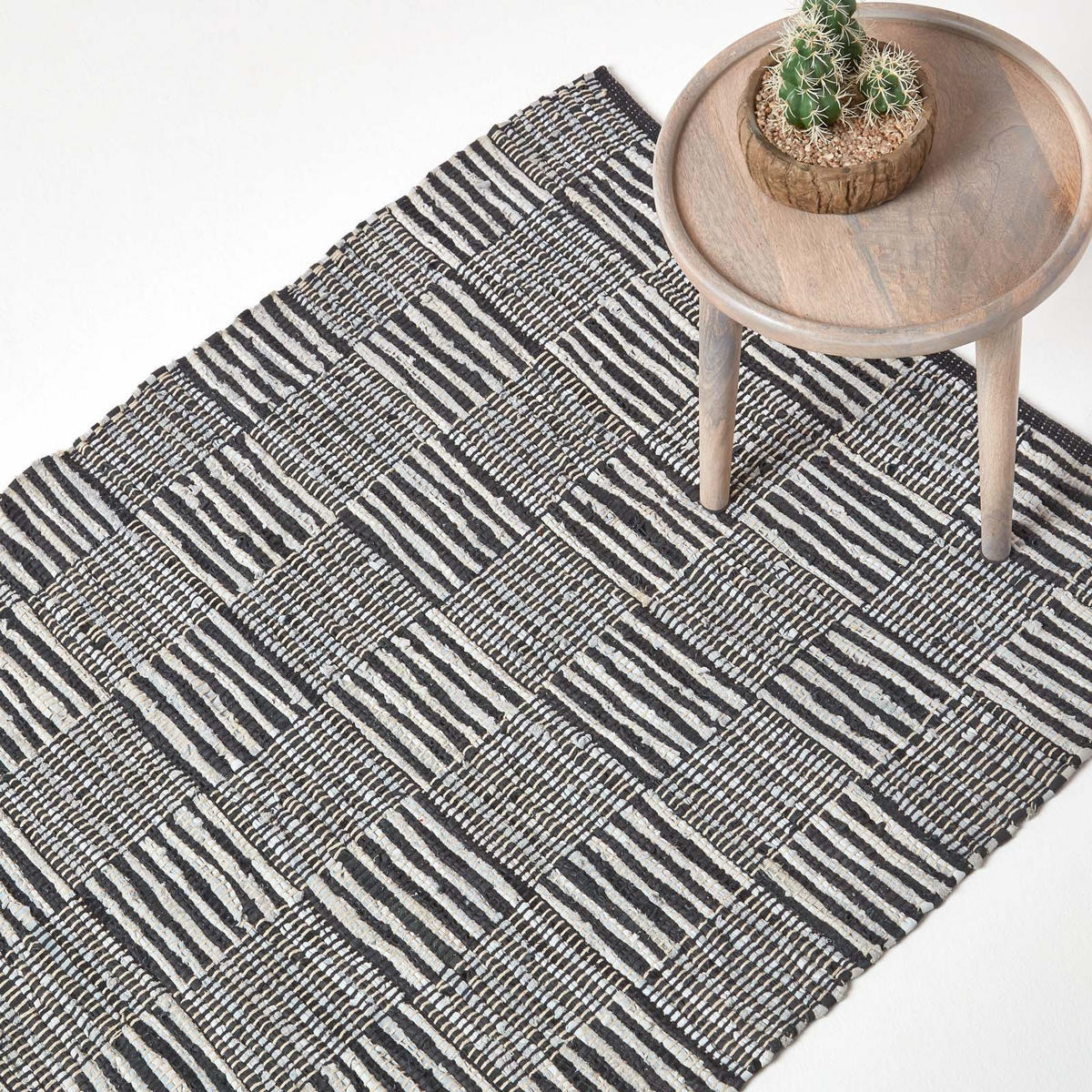 LEDERTEPPICH geometrisch mit Webmuster 90/150 cm - Schwarz, Leder (90/150cm) - Homescapes