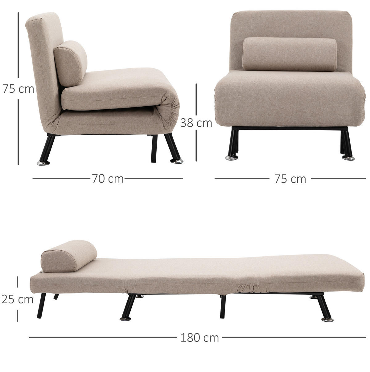 SCHLAFSESSEL in Beige 70x75x75 cm mit Bettfunktion und ausziehbarer Sitzfläche - Beige, Metall (75/75/70cm) - IVMEU