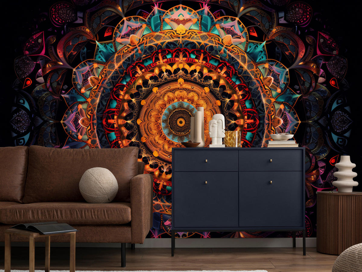 FOTOTAPETE für Schlafzimmer Bunte Mandala Vintage Orientalisch Harmonisch 400x280 - Gelb/Rot, Papier (400/280cm) - Muralo