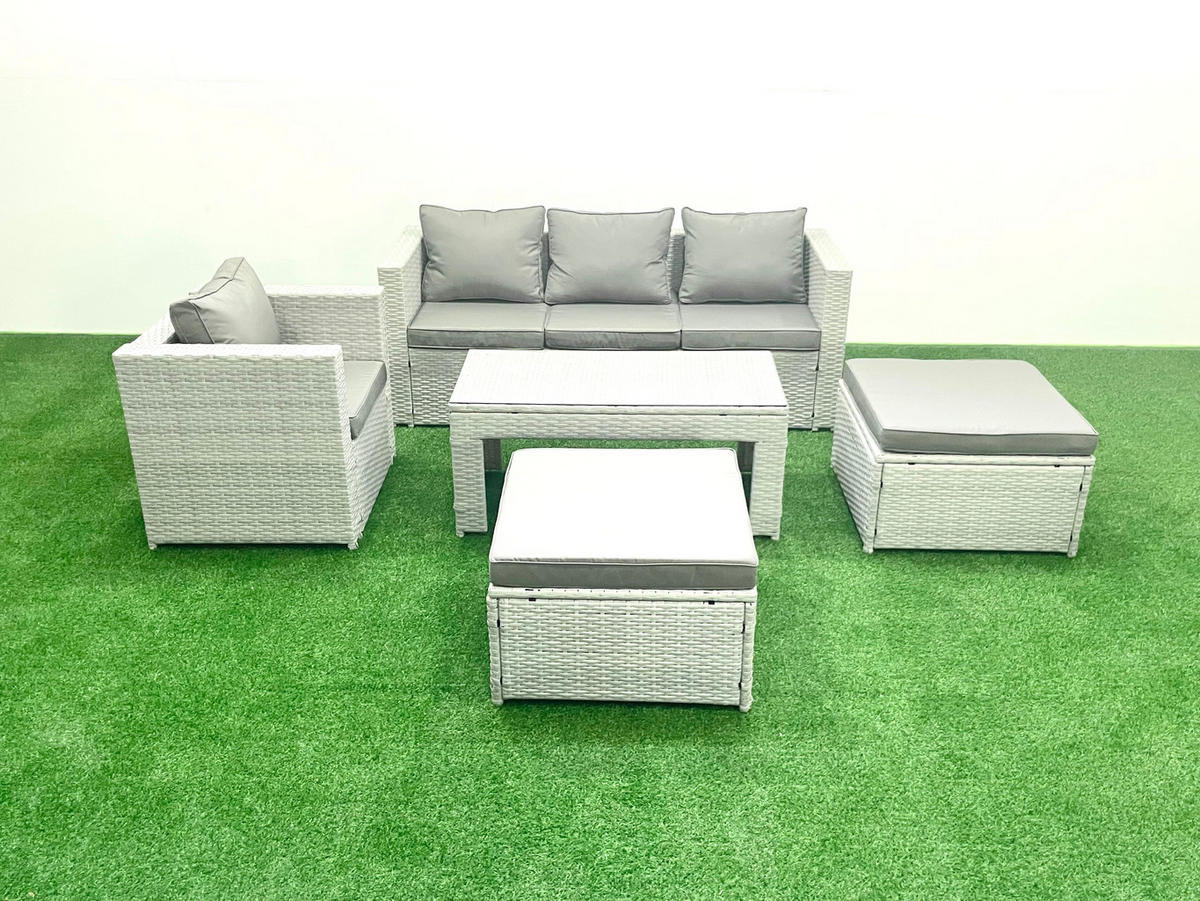 BALKONMÖBEL-SET Polyrattan Hellgrau-Mix 6-teilig - Hellgrau/Grau, Glas/Kunststoff - Fimous