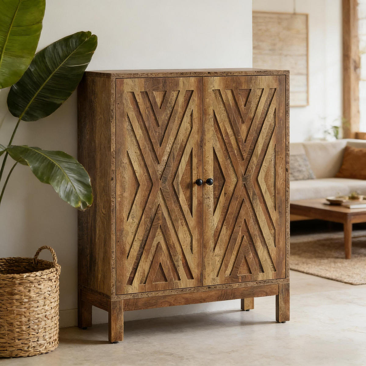 RUSTIKALES, 5-Stöckiges Schuhregal mit Schnitzereien,Braun - Walnussfarben, Textil (90/110/35cm) - Urban Meuble