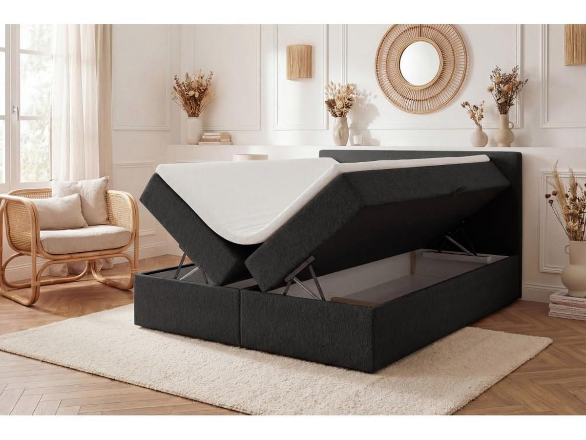 BOXBETT 160x200 cm, QUELLE, Bettkästen mit seitlicher Öffnung, Bouclé-Stoff, Schwarz - Schwarz, Holz/Kunststoff (160/200cm) - Trada