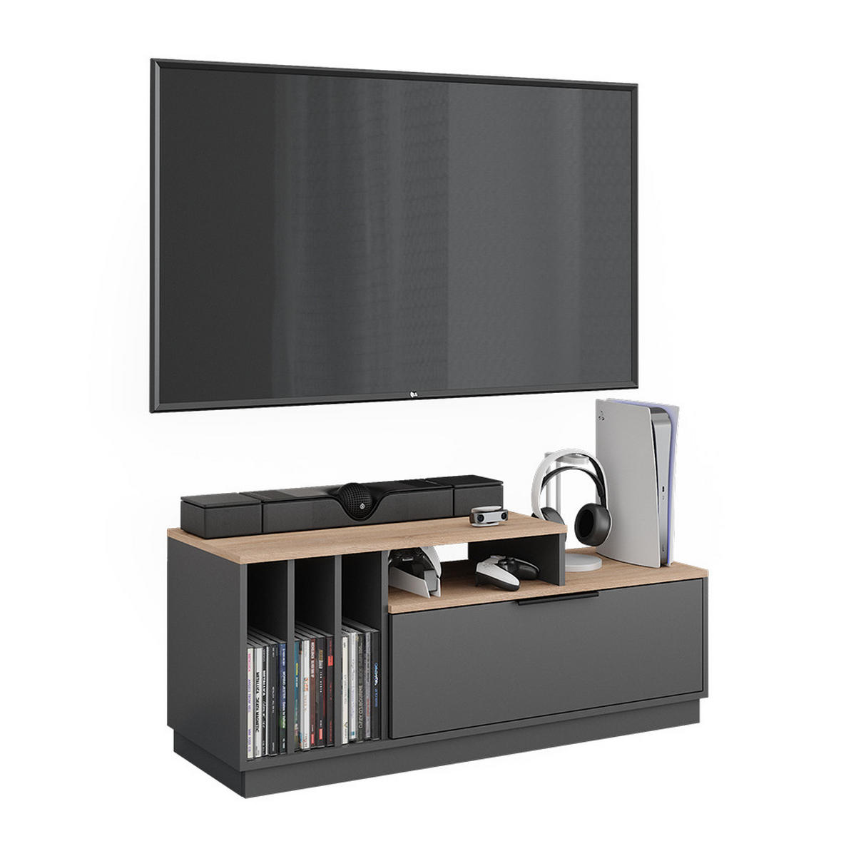 LOWBOARD Betti Anthrazit/Sonoma 120 x 49.9 cm mit 1 Tür - Anthrazit/Sonoma Eiche, Holzwerkstoff (120/49.9/40cm) - Vicco