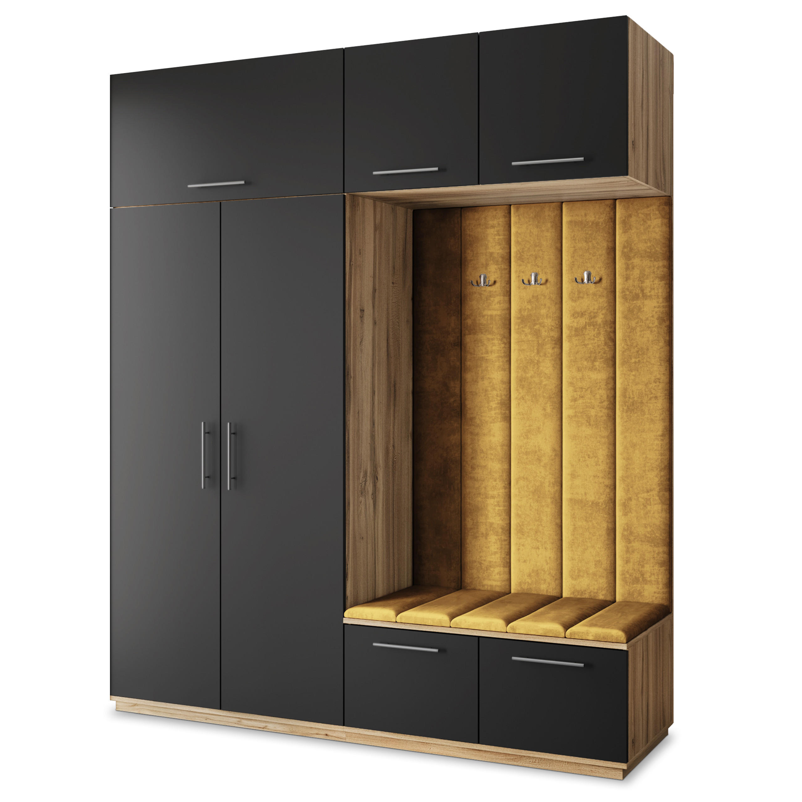 Masseno Garderobenschrank Eiche Wotan, Schwarz, Gelb 200x240x60 cm