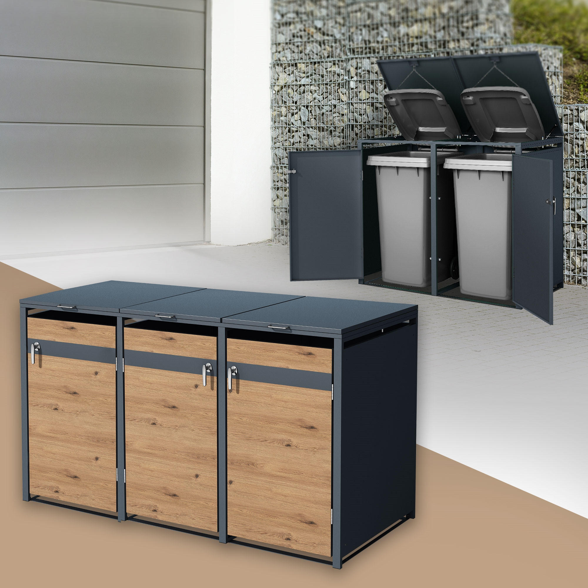 MÜLLTONNENBOX 3er Anthrazit-Eichenoptik - Braun, Metall (80/116.3/200cm) - ML-DESIGN