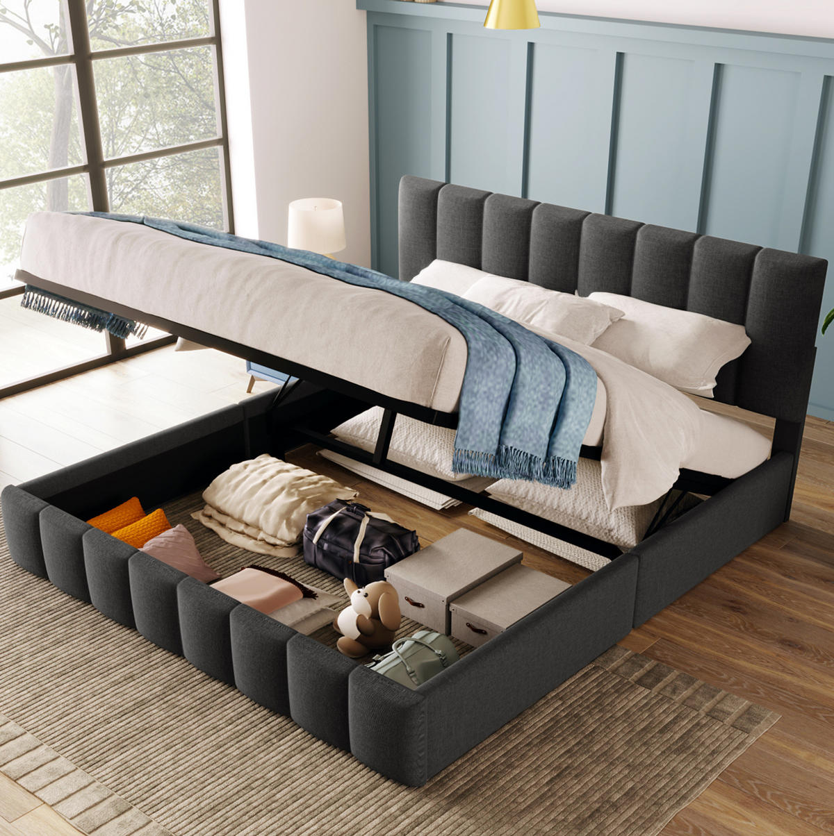 POLSTERBETT 140/200 cm Grau mit Stauraum und verstellbarem Kopfteil aus Leinen - Grau, Textil (140/200cm) - OKWISH