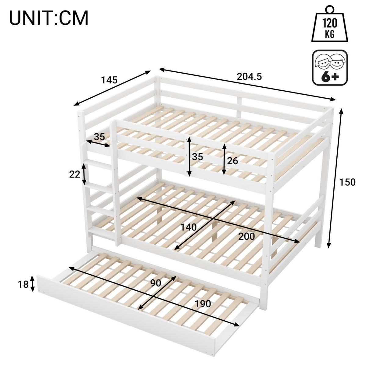ETAGENBETT 140/200 cm mit Ausziehbett und Treppe in Weiß - Weiß, Holz (140/200cm) - BEAOK
