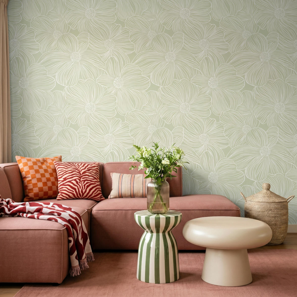 TAPETE - Gelassenheit - Blumen - Grün - 280x200 cm - Salbeigrün, Papier (280/200cm) - OnlyWow