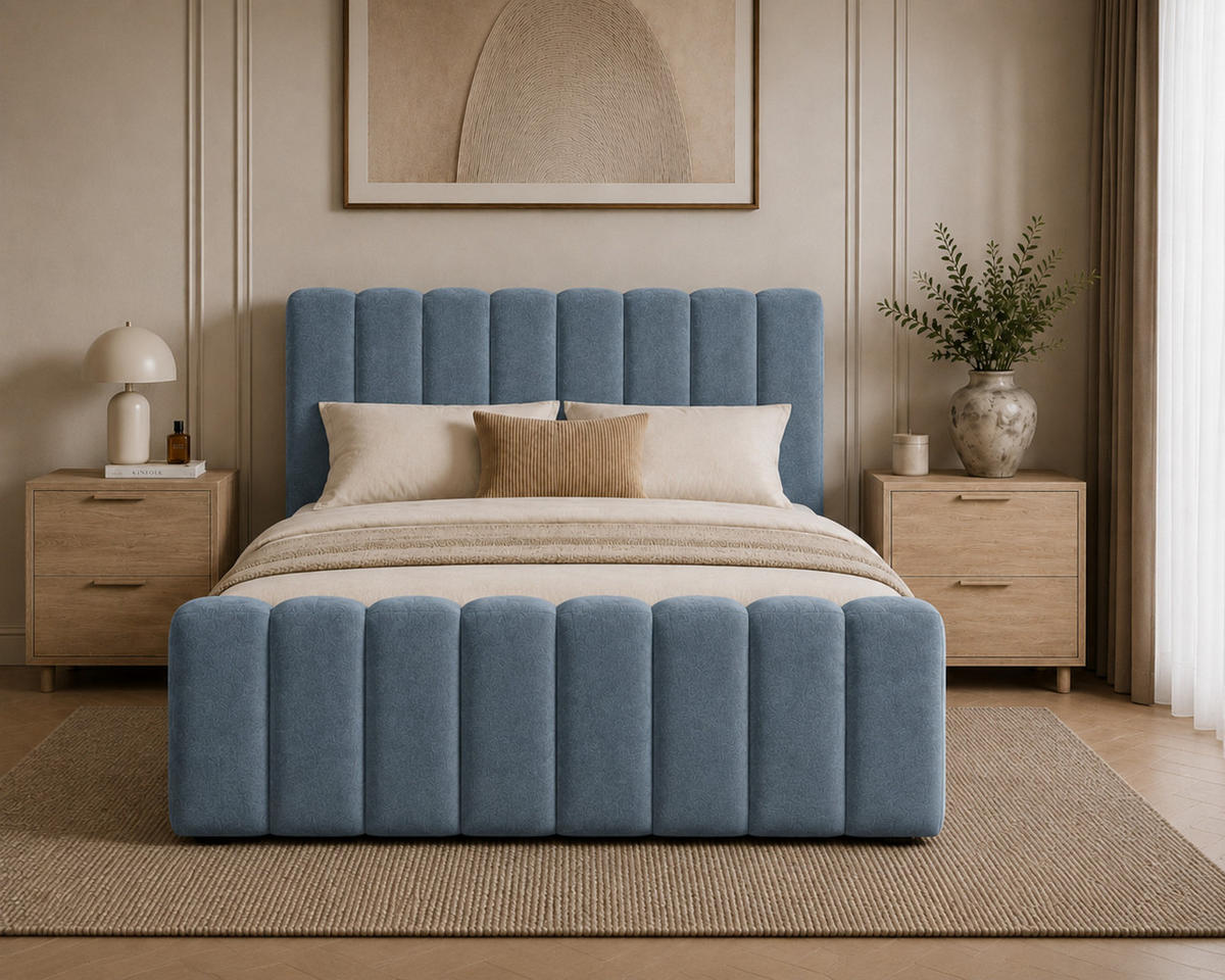 BOXBETT 01 BIS 160 x 200 cm - Vibe - Modernes Polsterbett mit Bettkasten inkl. PU-Schaum-Topper und Federmechanismus - Blau, Holz (160/200cm) - ROYAL24_MARKT