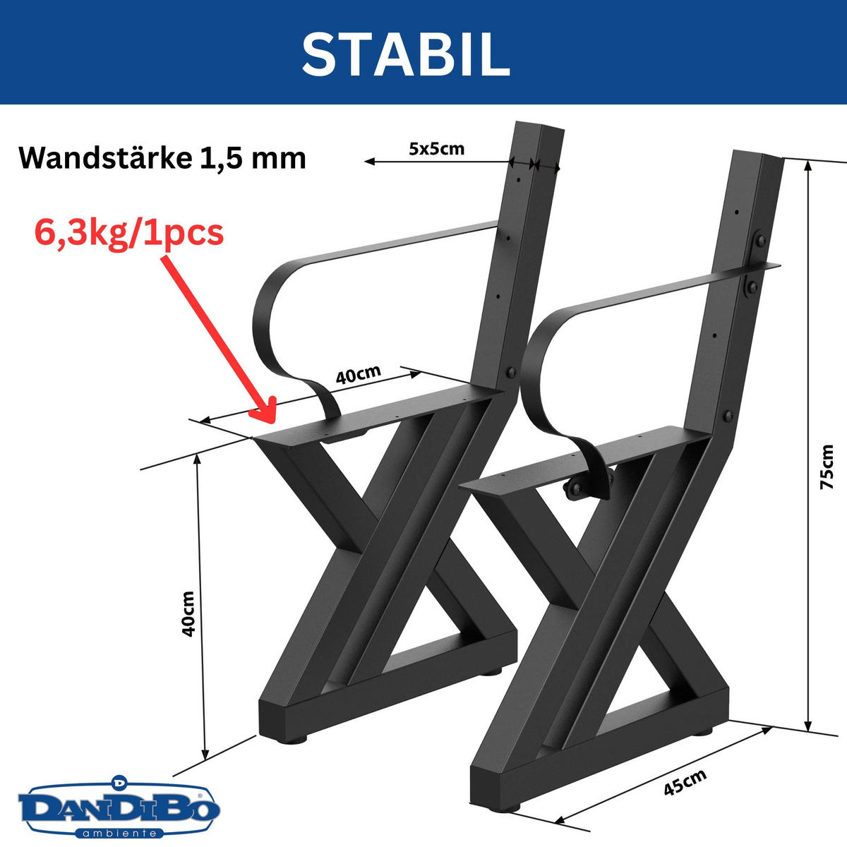 BANKGESTELL mit Lehne Schwarz 45/75 cm - Schwarz, Metall (45/75/5cm) - DanDiBo