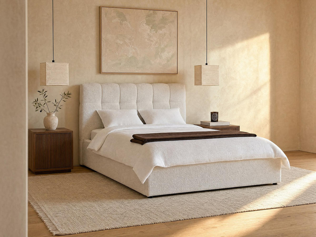 BETT mit Bettkasten - 2 Personen - Stoff - Weiß - - Weiß, Textil (160/200cm) - Vente-Unique