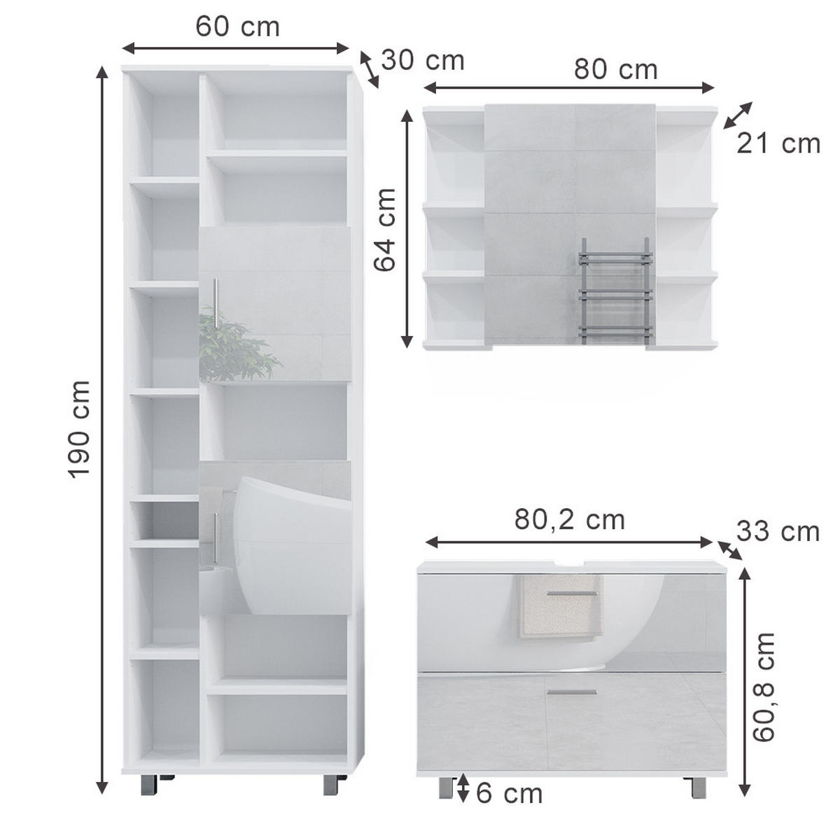BADMÖBEL-SET Ilias Weiß Hochglanz 3 Teile, mit Hochschrank - Weiß Hochglanz, Holzwerkstoff (80.2/60.8/33cm) - Vicco