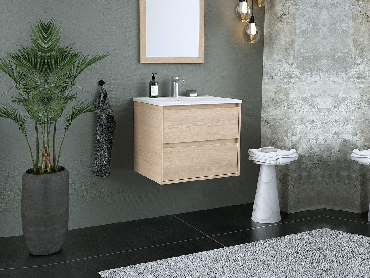 EINZELWASCHTISCH - 60 cm x 45 cm - Holz, Platte, Keramik - Naturfarben Hell - MILIPAM - Naturfarben, Keramik/Holz (60/50/45cm) - Vente-Unique