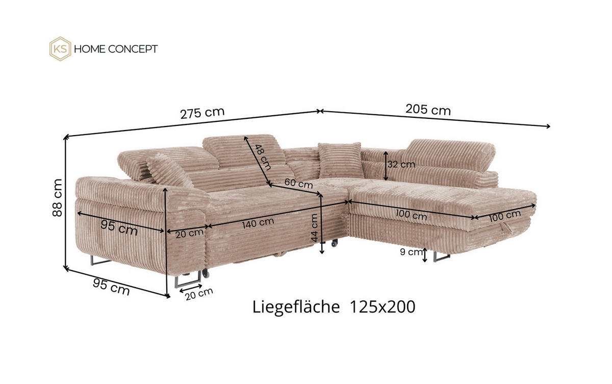 ECKSOFA SERENA L Links mit Stauraum, Beige - Beige, Textil (275/205cm) - KS Home Concept