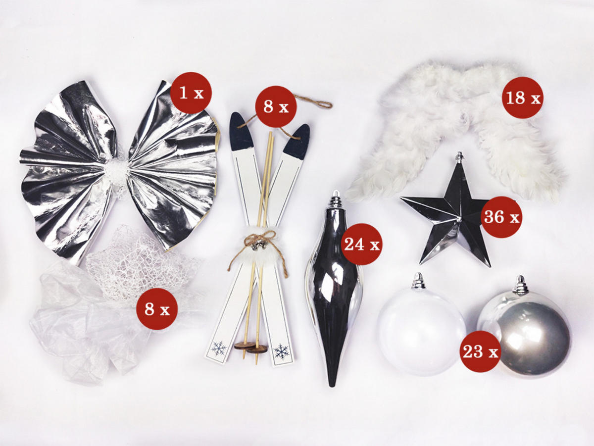 WEIHNACHTSBAUM geschmückt künstlich mit 118 Stk Kugeln SCHNEEGESCHENK 300 cm mit Metallständer - Silberfarben/Weiß, Kunststoff (300cm) - LAALU