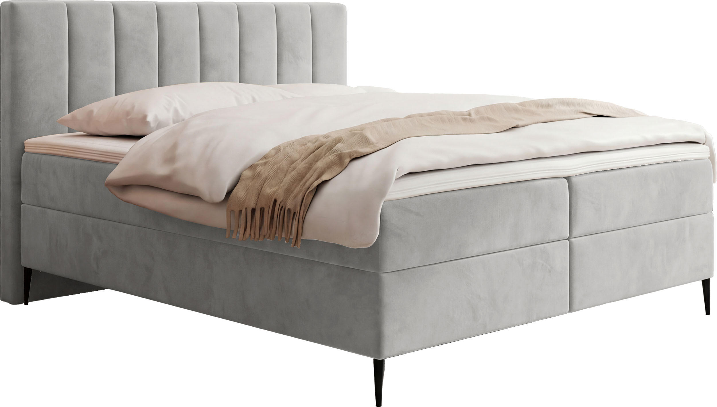 BOXBETT Allen mit Bettkasten, Samt Hellgrau 160x200 cm – inkl. H4 Taschenfederkern Matratze & Foam Topper - Hellgrau/Schwarz, Holzwerkstoff/Metall (160/200cm) - WFL GROUP