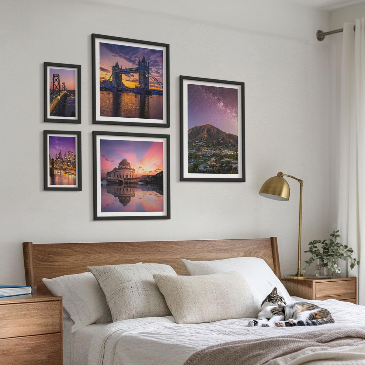 BILDER SET 5er Set - 50x50 cm & 20x30 cm & 40x60 cm Schwarzer Rahmen - Brücken, Sonne, Stadtblick - Schwarz, Kunststoff (40/60cm) - TULUP