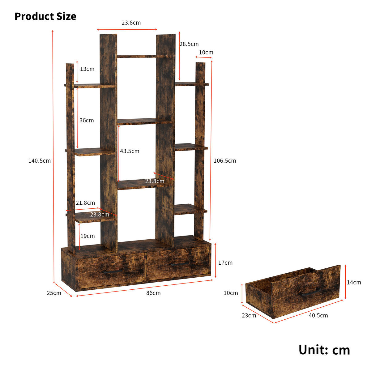 BÜCHERREGAL Dunkelbraun 12 Fächer 2 Schubladen 86/25/140 cm - Braun, Metall (86/140/24cm) - PANGIVO