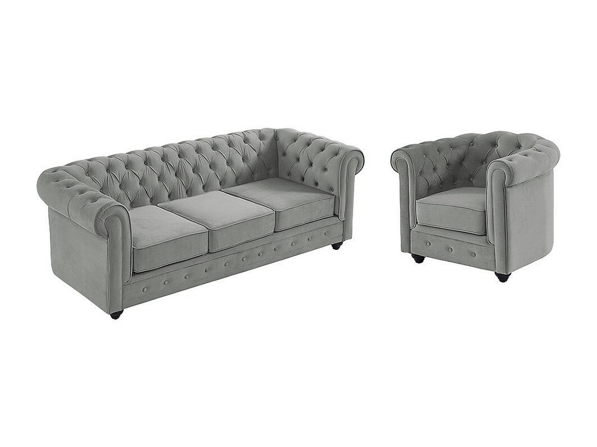 COUCHGARNITUR 3+1 - Samt - Hellgrau - CHESTERFIELD - Hellgrau, Textil (205/72/88cm) - Vente-Unique