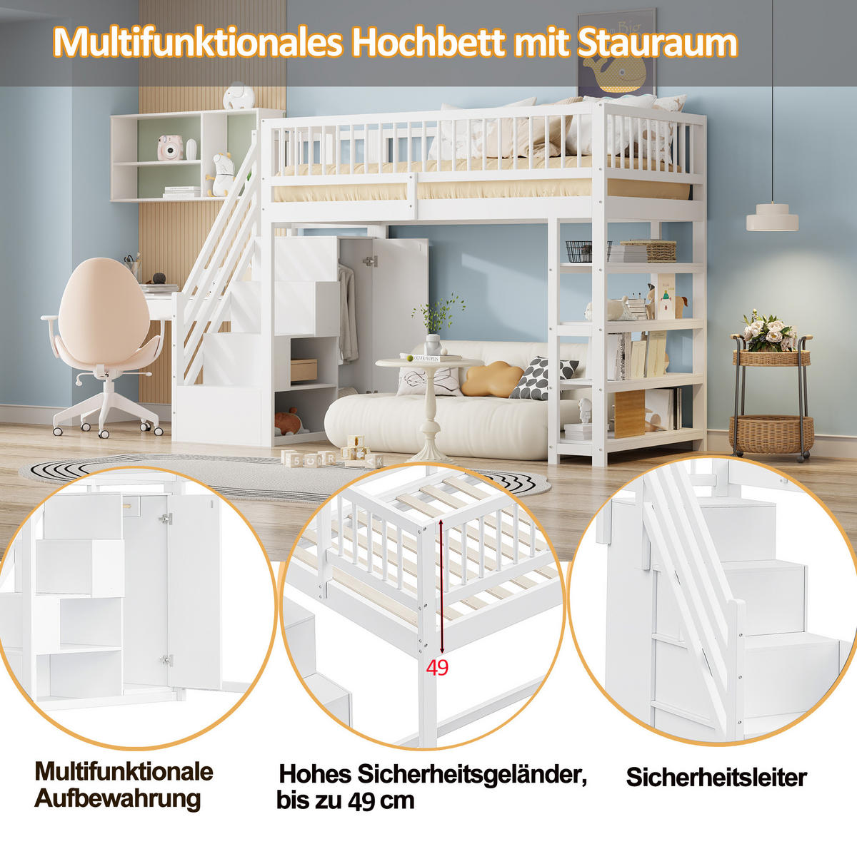 HOCHBETT 90/200 cm Weiß aus Massivholz mit Kleiderschrank und Regalen - Weiß, Holz (90/200cm) - OKMYHOME