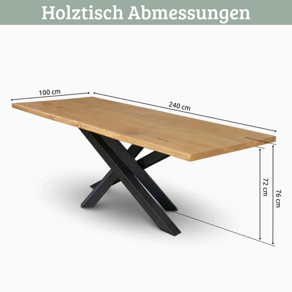 ESSTISCH Massivholz mit Baumkante RAGNAR 240x100 cm Eichenholz T-Spider Gestell - Braun, Holz/Metall (100/240/76cm) - DELUKE