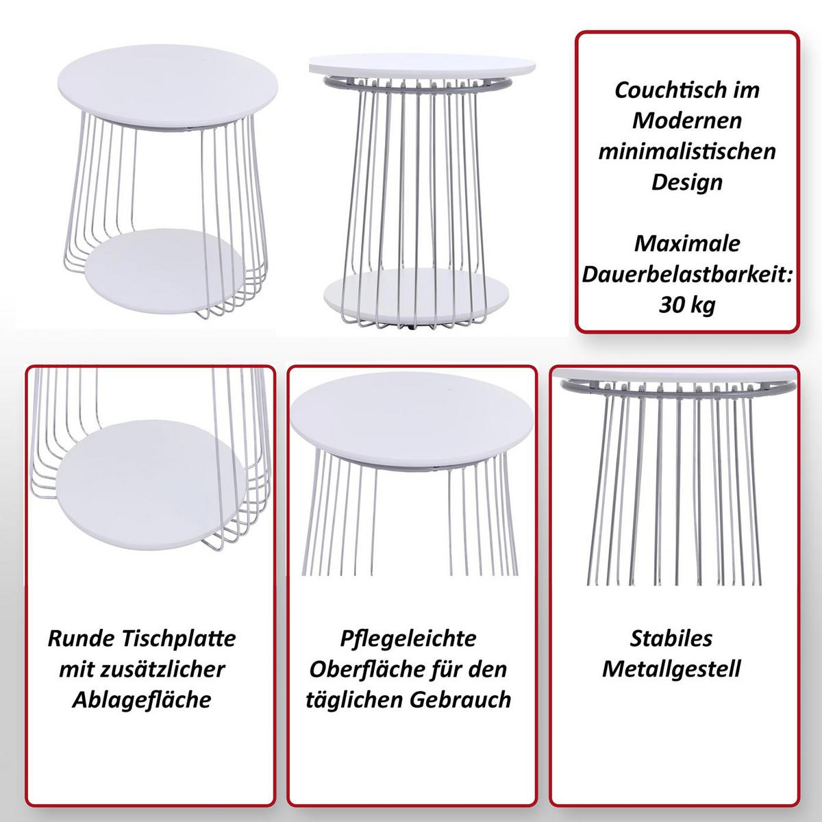 MIZA za kavč okrogla bela, srebrna - srebrne barve/bela, les (50/50/52cm) - MCW