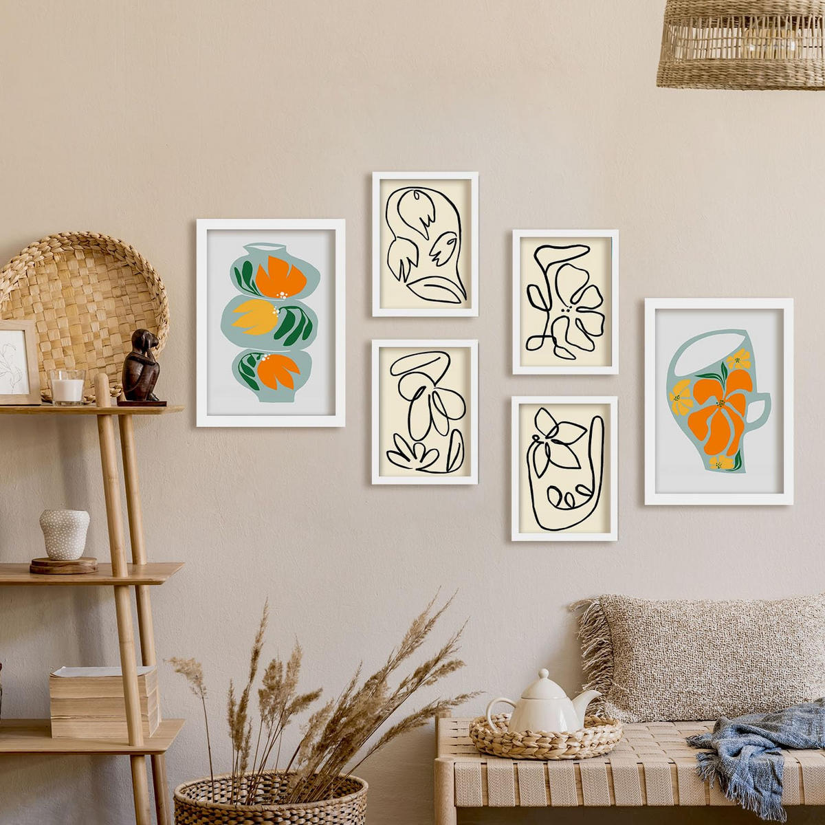 POSTER Set Mit 6 Demodierte Vase In Blume Zusammenfassung Ästhetische Dekorative Gemälde Für Ihr Wohnzimmer Schlafzimmer Zuhause A3 & A4 Weißer Rahmen - Weiß, Papier (29/3cm) - Nacnic