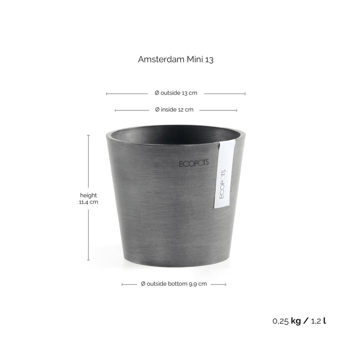 BLUMENTOPF Amsterdam 13/11,4 cm Grau - Grau, Kunststoff (13/11.4cm) - Ecopots