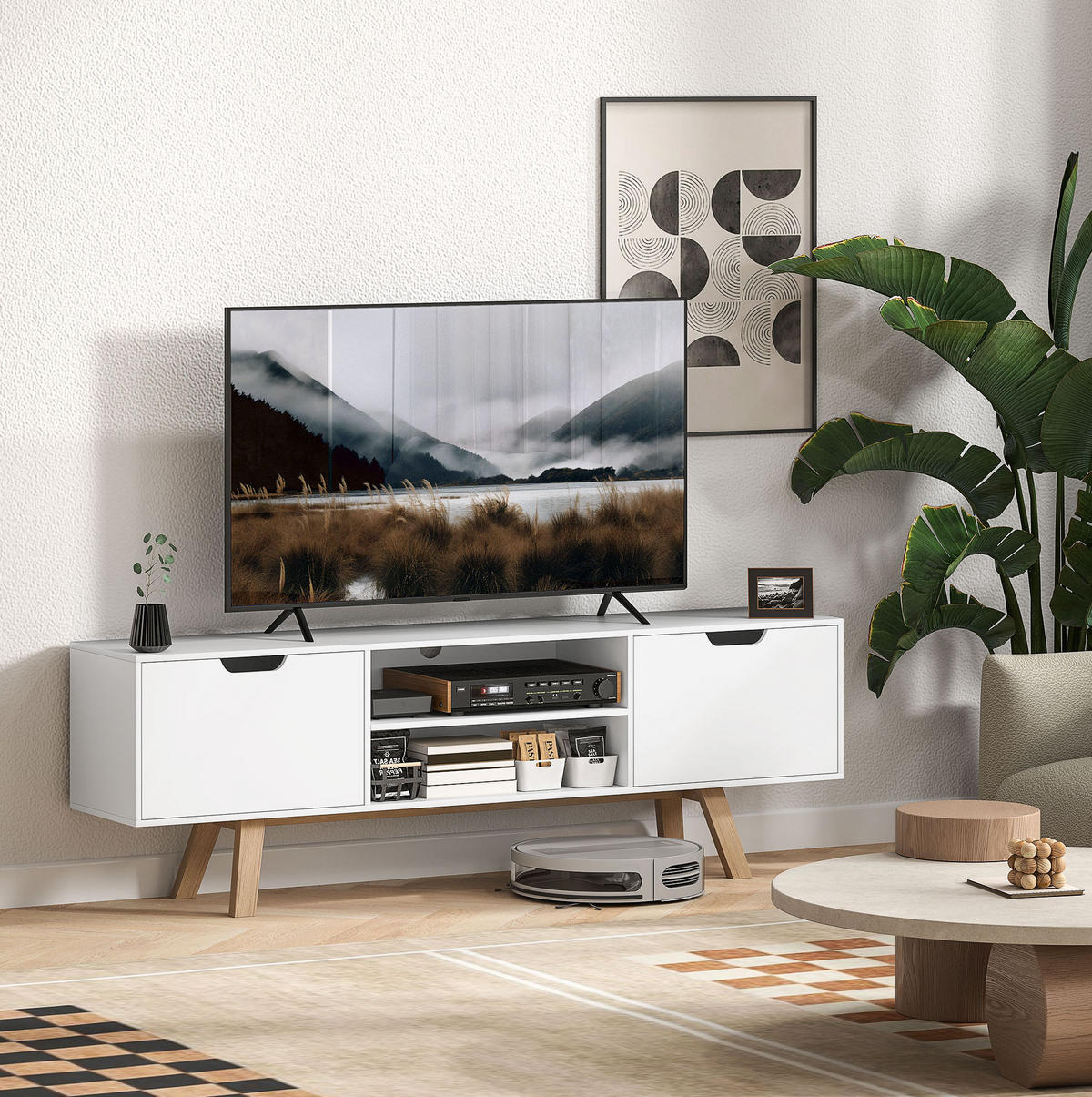 TV ormarić 150/39/50 cm bijeli od iverice s 2 ormarića i otvorenim policama - bijela, drvni materijal (150/50/39cm) - OKWISH