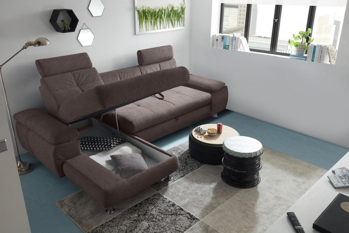 ECKSOFA mit Schlaffunktion und Bettkasten, Brego-Stoff - Chromfarben/Braun, Textil/Metall (274/177cm) - ed exciting design