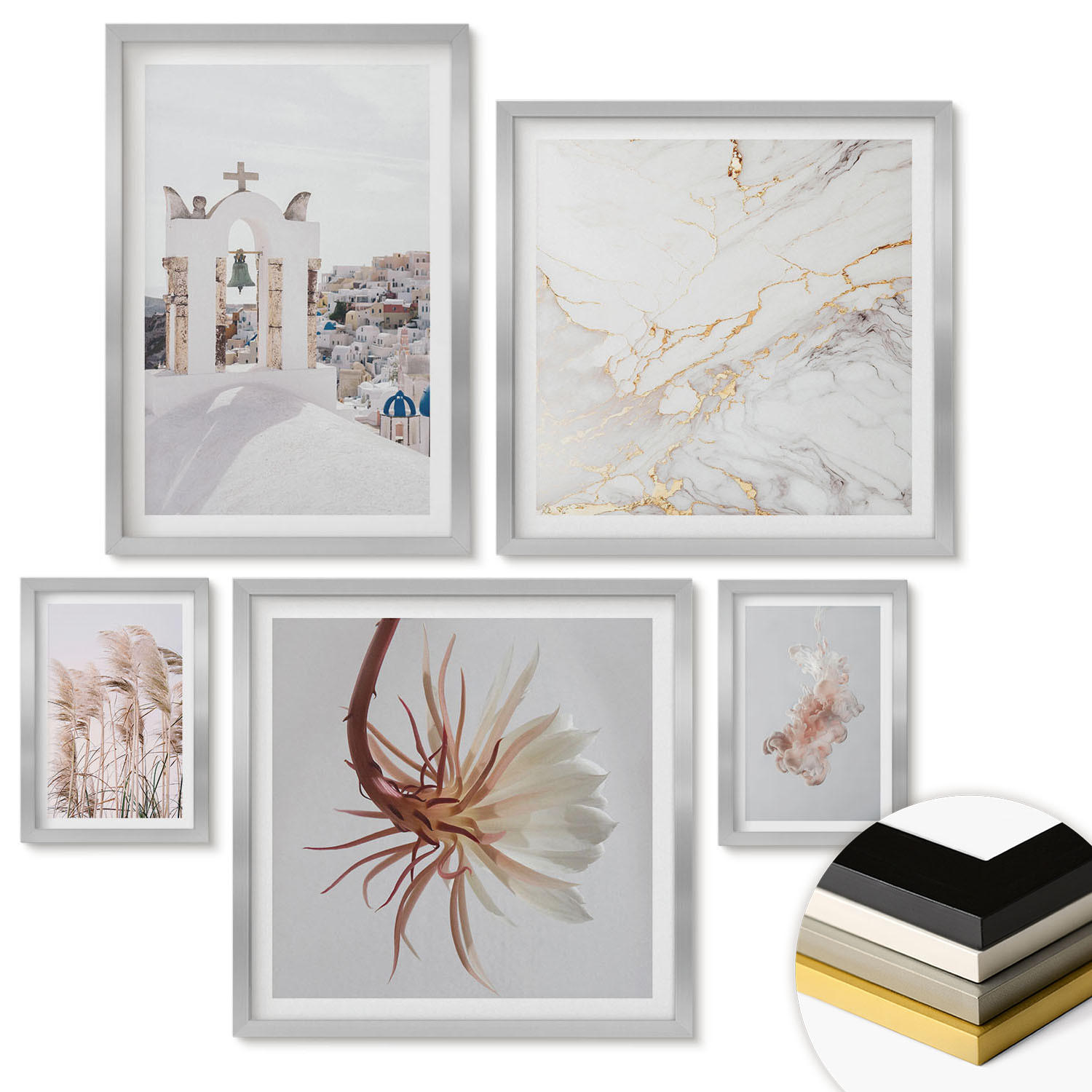 WANDBILDER 5er Set - 50x50 cm & 20x30 cm & 40x60 cm Silberner Rahmen - Grasfelder in Braun- und Beigetönen - Silberfarben, Kunststoff (40/60cm) - ArtPrintCave
