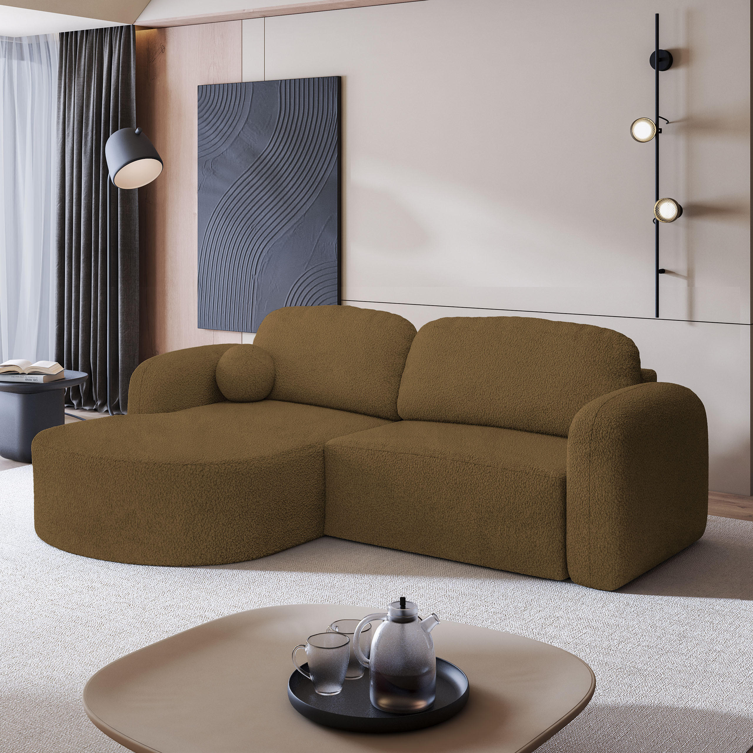ECKSOFA AMILIA L-S Orange Boucle-Stoff mit Schlaffunktion - Orange, Holz (263/174cm) - MASSENO