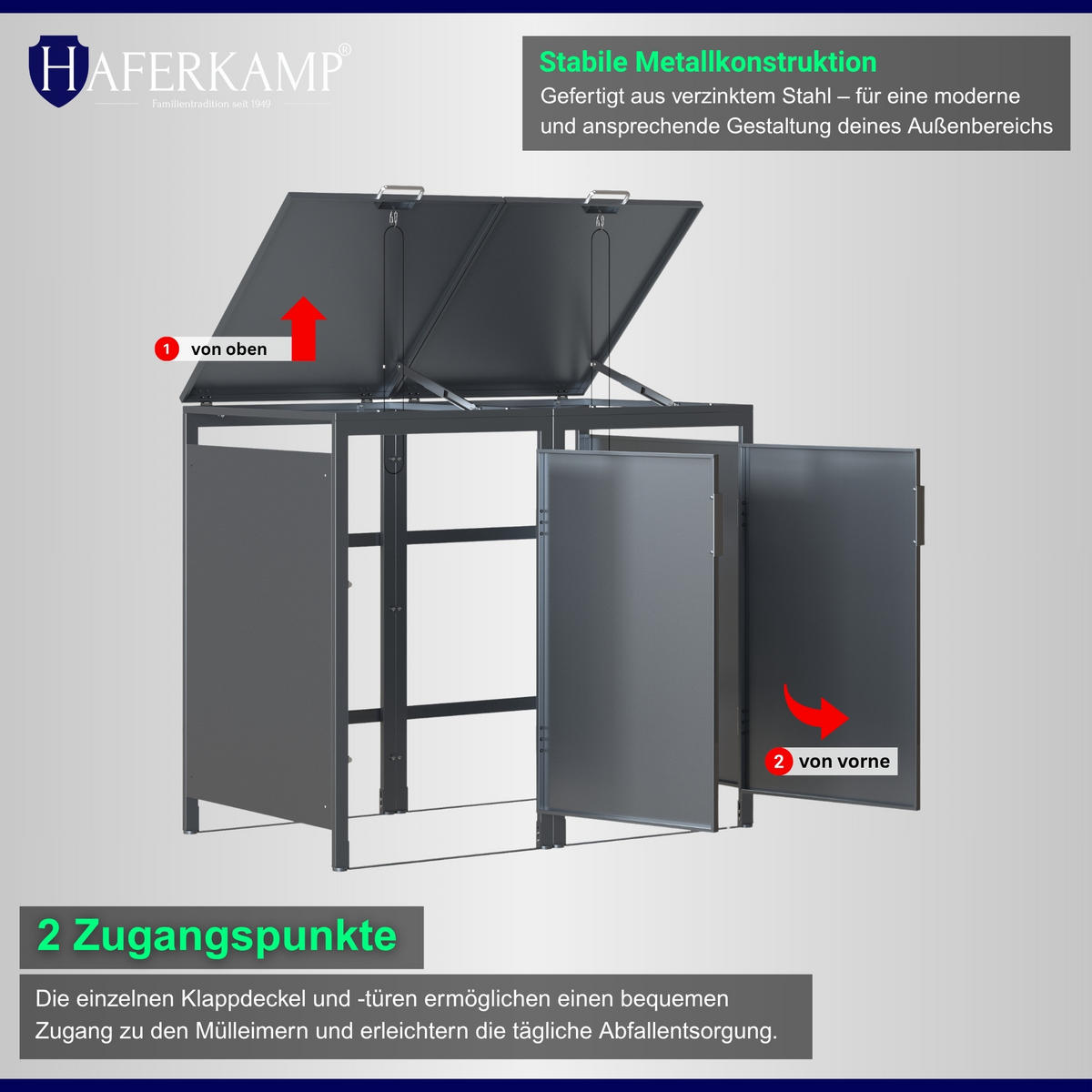 MÜLLTONNENBOX MODUS 2er HxBxT 118,5x136x80cm für 2 x 240 Liter Mülltonnen Verzinkter Stahl - Grau, Metall (136/118.5/80cm)