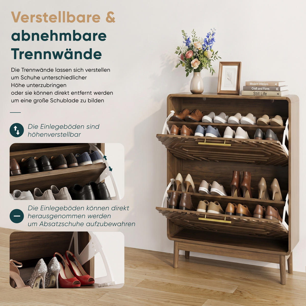 SCHUHSCHRANK Walnuss Mid-Century 60cm mit 2 Klappfächern & Regal - Walnussfarben, Holzwerkstoff (60/95/24cm) - Urban Meuble