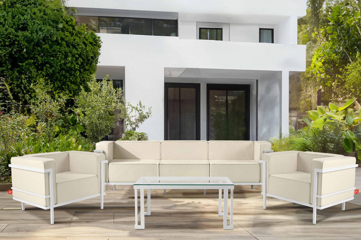 GARTENSOFA TRIGLO 3-Personen, Stahlrahmen, Modern, Weiß/Cremeweiß - Creme/Weiß, Textil/Metall (229/70/69cm) - KONSIMO®