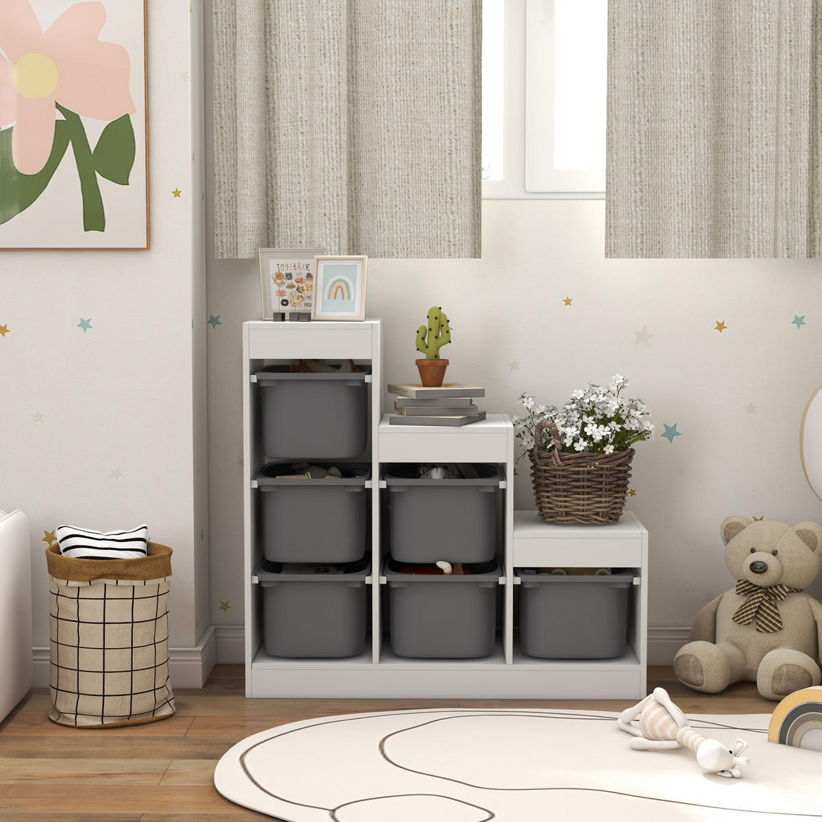 KINDERREGAL DE-17235 3 Ebenen & 6 herausnehmbare Boxen Grau - Grau, Metall (96/90/38.5cm) - ComfortXL