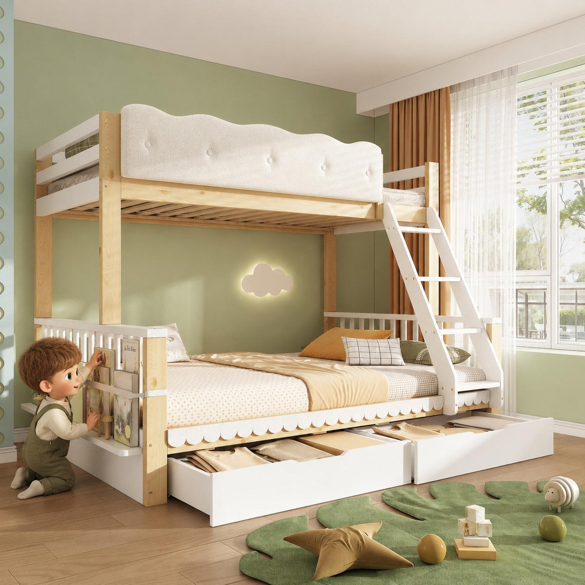 ETAGENBETT 90/200 cm & 140/200 cm in Weiß & Eiche mit Schubladen und Zeitschriftenständer - Eichefarben/Weiß, Holz/Holzwerkstoff (140/200cm) - CHICFURN