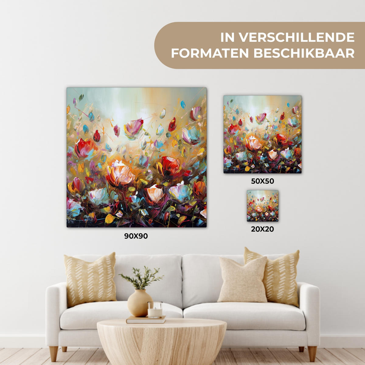 LEINWANDBILD Blumen - Kunst - Natur - Ölgemälde Wandbild Wohnzimmer 50x50 cm - Multicolor, Textil (50/50cm) - MuchoWow