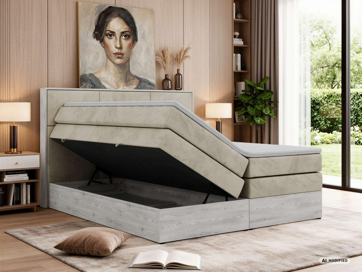 POSTEL BOXSPRING DELNOR KING 180/200 - Béžová Samet - Topper Visco - H3 - černá/béžová, textil/plast (180/200cm) - MKS