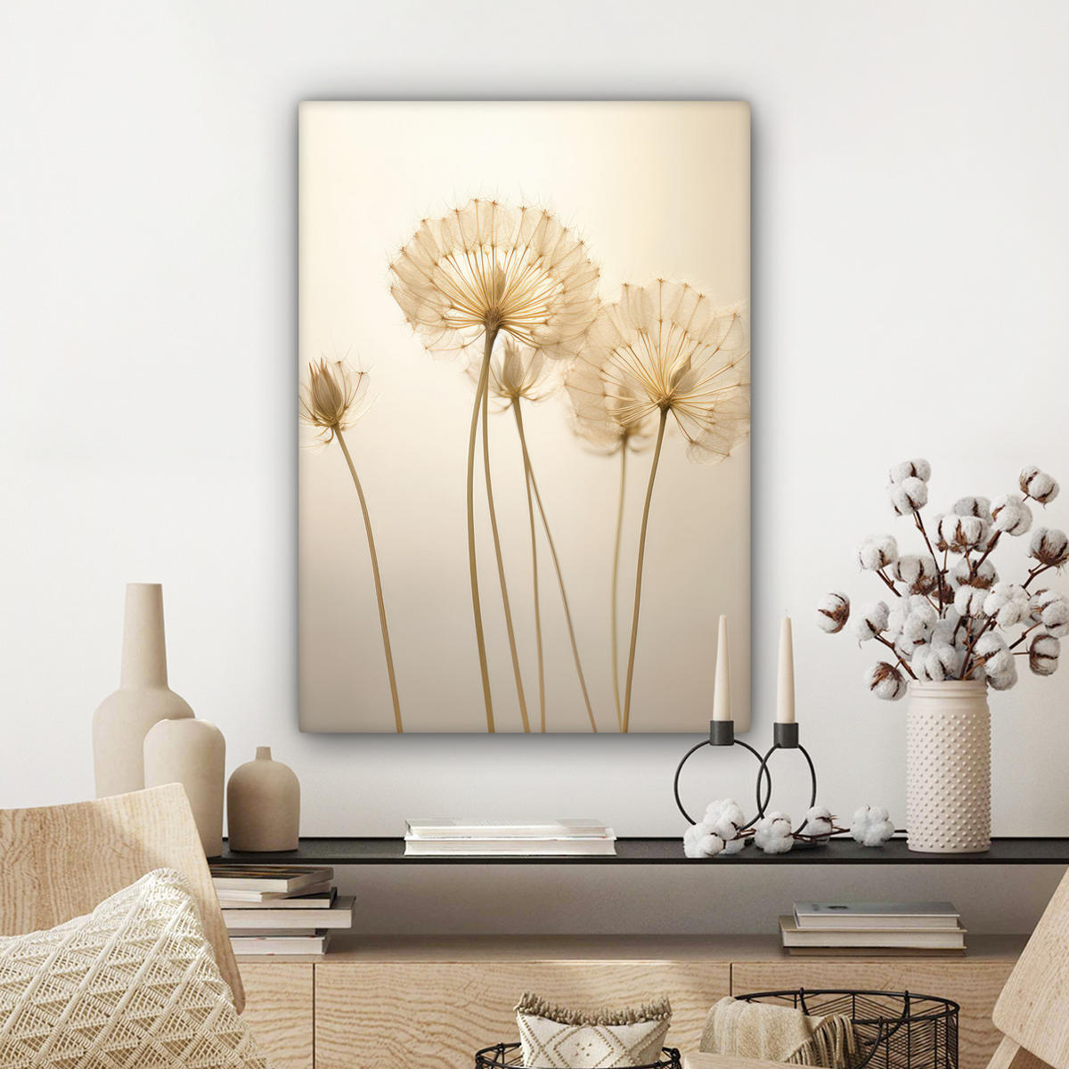 LEINWANDBILD Sonnenlicht - Löwenzahn - Botanisch - Blumen Wandbild Wohnzimmer 60x80 cm - Creme, Textil (60/80cm) - MuchoWow