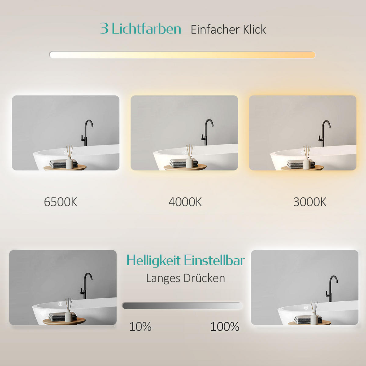 BADSPIEGEL mit Touch-Schalter Beleuchtung Rechteckig 100/60 cm - Weiß, Glas (60/3/100cm) - EMKE