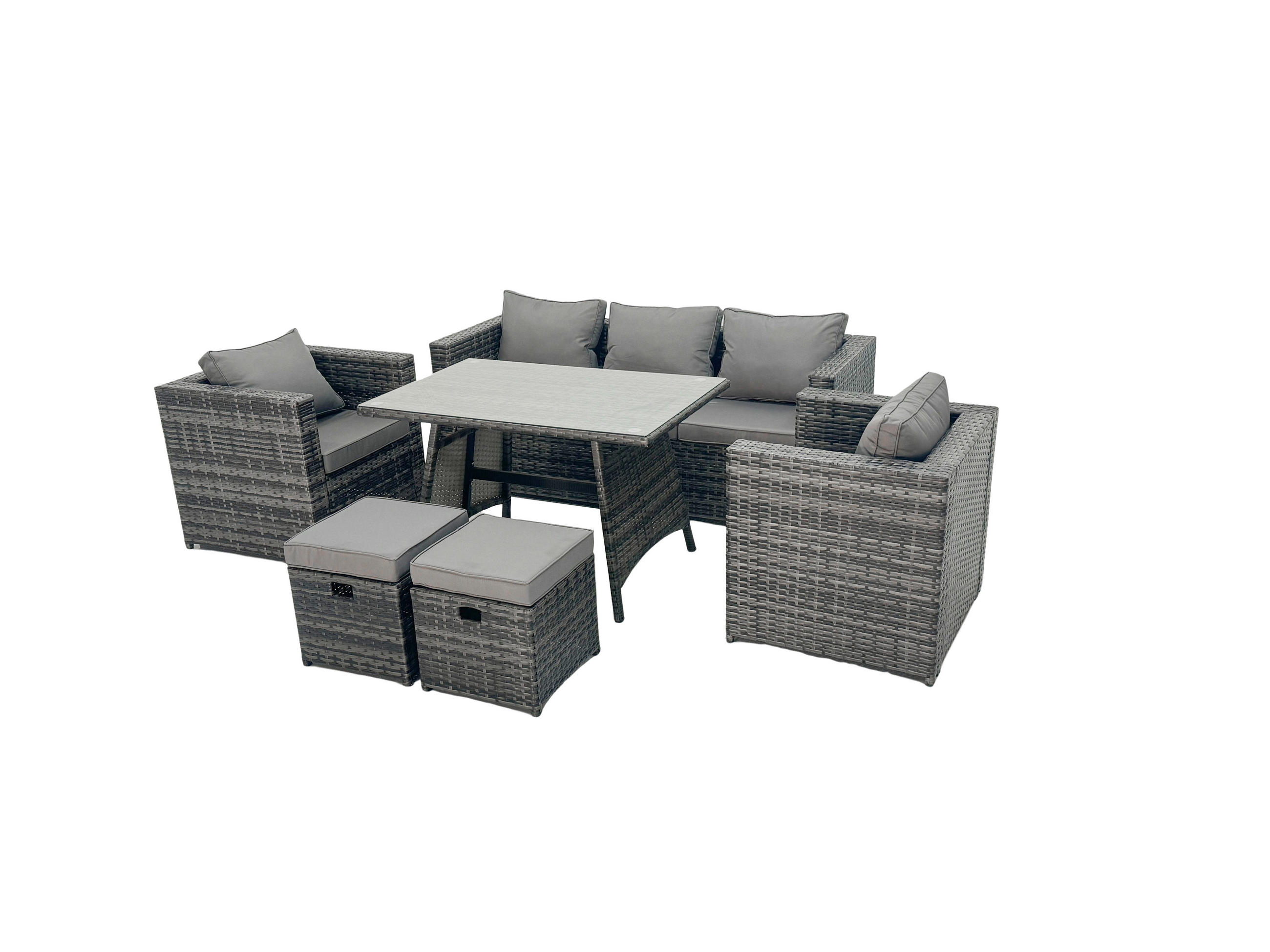 GARTENMÖBEL SET PE Polyrattan 7-Sitzer - Dunkelgrau/Grau, Glas/Kunststoff - Fimous